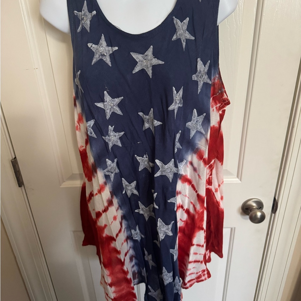 Seven Islands Womens 2X Tie Dye Sleeveless Top Red White Blue Flag USA Stars NWT